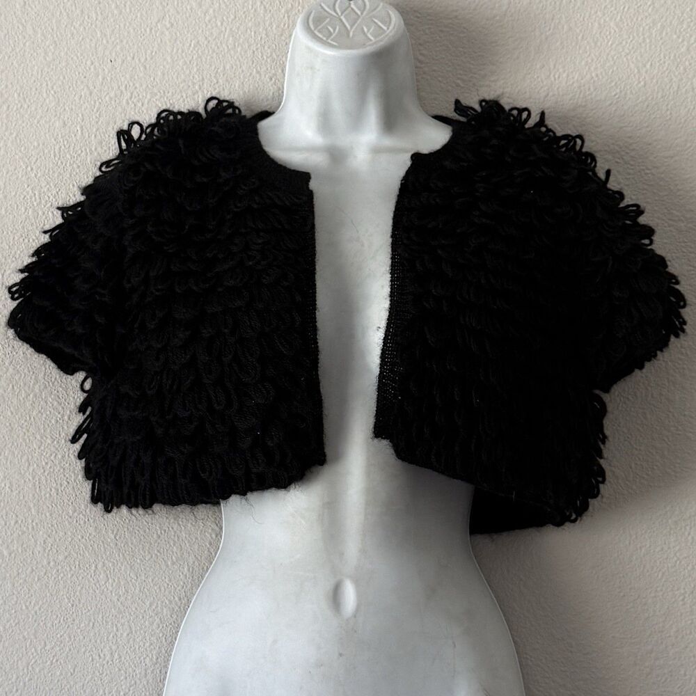 BCBGMAXAZRIA Alpaca Acrylic Blend Shrug Sweater S Black Shaggy Knit Cropped Y2k